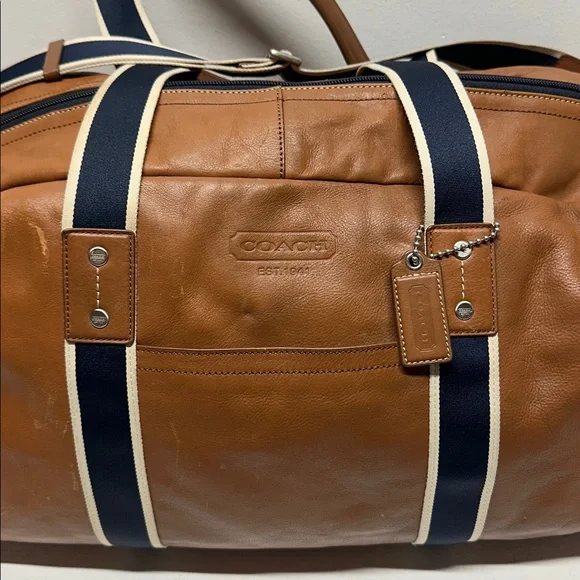 Coach Boston Bag Heritage Duffle Striped Travel 2 Way Shoulder Strap Navy Brown - Picture 5 of 16